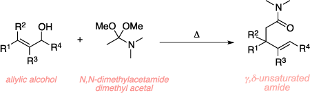 Schematic of the Eschenmoser-Claisen rearrangement. Reagents: allylic alcohol, N,N-dimethylacetamide, and heat. Product: γ,δ-unsaturated amide.