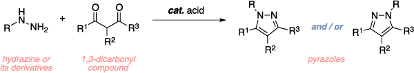 Schematic of the Knorr pyrazole synthesis. Reagents: hydrazine or derivatives, 1,3-dicarbonyl compound, acid catalyst. Product: pyrazoles.