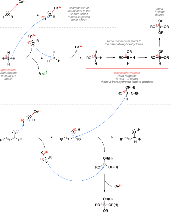 Mechanism of the Luche reduction. Coordination of the alcohol to the Cesium cation makes its proton more acidic. BH4, borohydride Soft reagent favours 1,4 attack. Same mechanism leads to the other alkoxyborohydrides, alkoxyborohydrides Hard reagents favour 1,2 attack these 3 borohydrates lead to product. B(OR)4, not a hydride source.