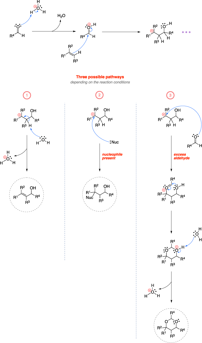 Mechanism of the Prins reaction. Three possible pathways depending on the reaction conditions: nothing present, nucleophile present, or excess aldehyde.