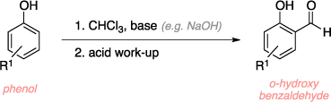 Schematic of the Reimer-Tiemann reaction. Reagents: phenol, chloroform (CHCl3), base, acid work-up. Product: o-hydroxy benzaldehyde.