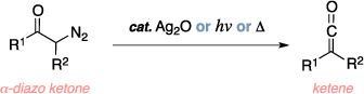 Schematic of the Wolff rearrangement. Reagents: alpha-diazo ketone, Silver oxide (Ag2O) catalyst, light, heat. Product: ketene.