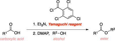 Schematic of the Yamaguchi esterification. Reagents: carboxylic acid, Et3N, Yamaguchi reagent, DMAP, alcohol. Product: ester.